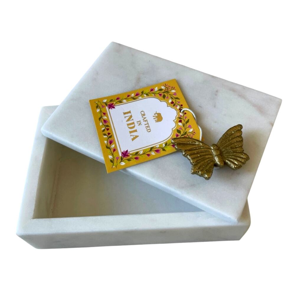 White Marble Jewelry Trinket Box w/Gold Metal Butterfly Handmade in India NEW